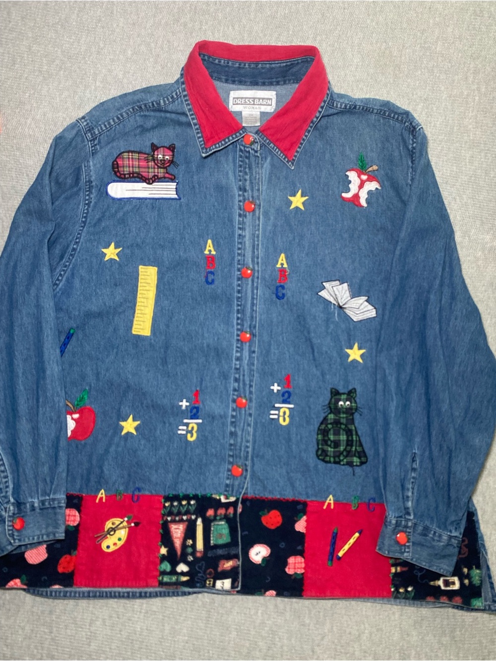 Vintage 90s Dress Barn Teacher School Embroidered Apple Button Up Shirt Denim 3X